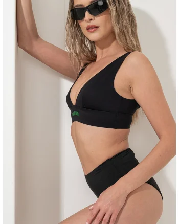 Sutien de baie cu cupe triunghiulare si detaliu logo, Negru