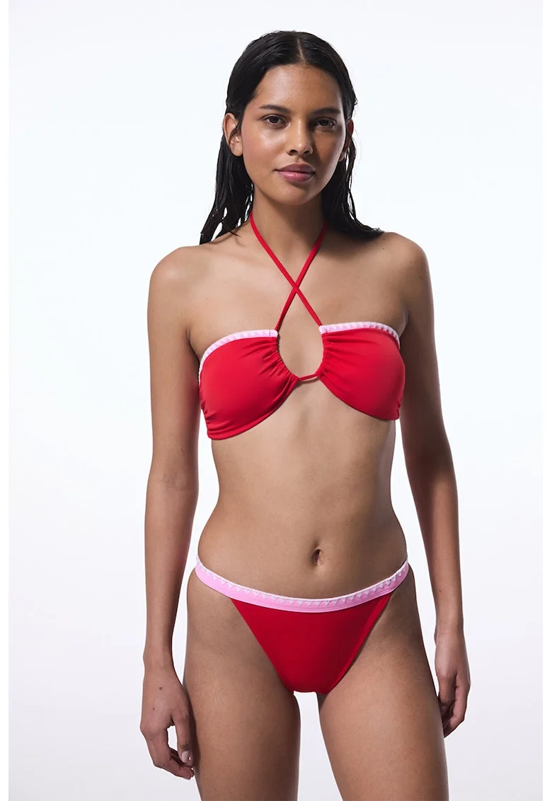 Sutien de baie cu model uni si detaliu contrastant, Rosu