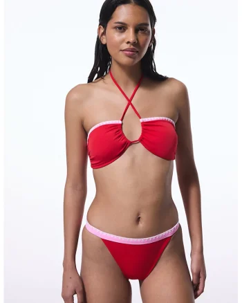 Sutien de baie cu model uni si detaliu contrastant, Rosu