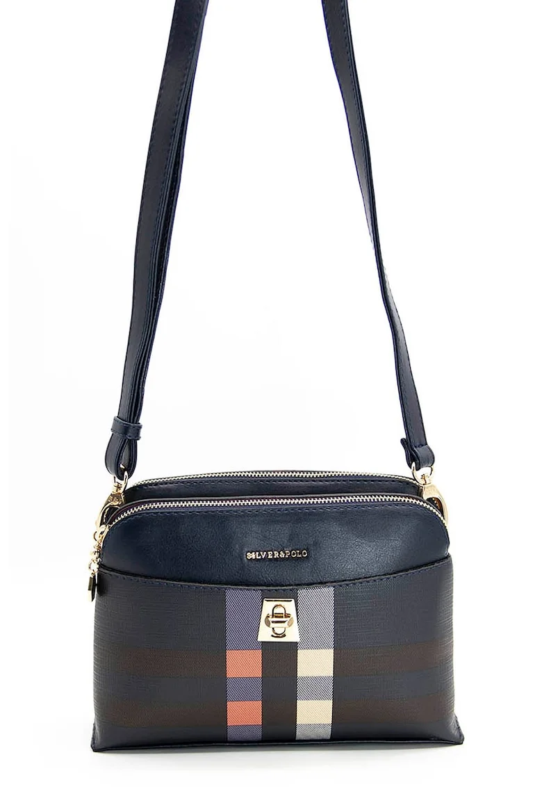 Geanta crossbody de piele ecologica cu bareta detasabila, Maro/Bleumarin