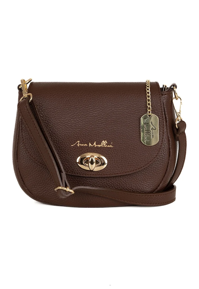 Geanta crossbody din piele cu clapa, Maro inchis