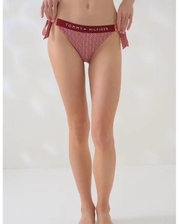 Slip de baie cu snururi laterale si model, Alb/Rosu inchis