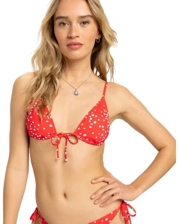Sutien de baie cu cupe triunghiulare si imprimeu floral, Alb/Rosu vermillion