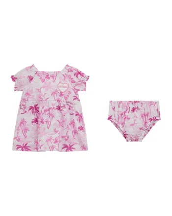 Set de chiloti si rochie din bumbac cu imprimeu tropical - 2 Piese, Alb/Roz
