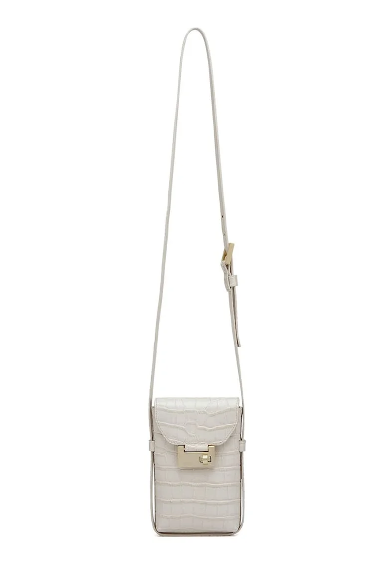 Geanta crossbody cu model piele de reptila, Alb fildes