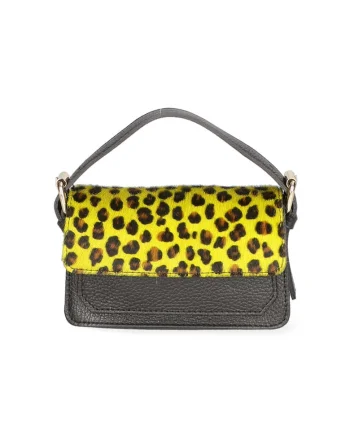 Geanta crossbody de piele si piele cu par scurt, Maro inchis/Galben