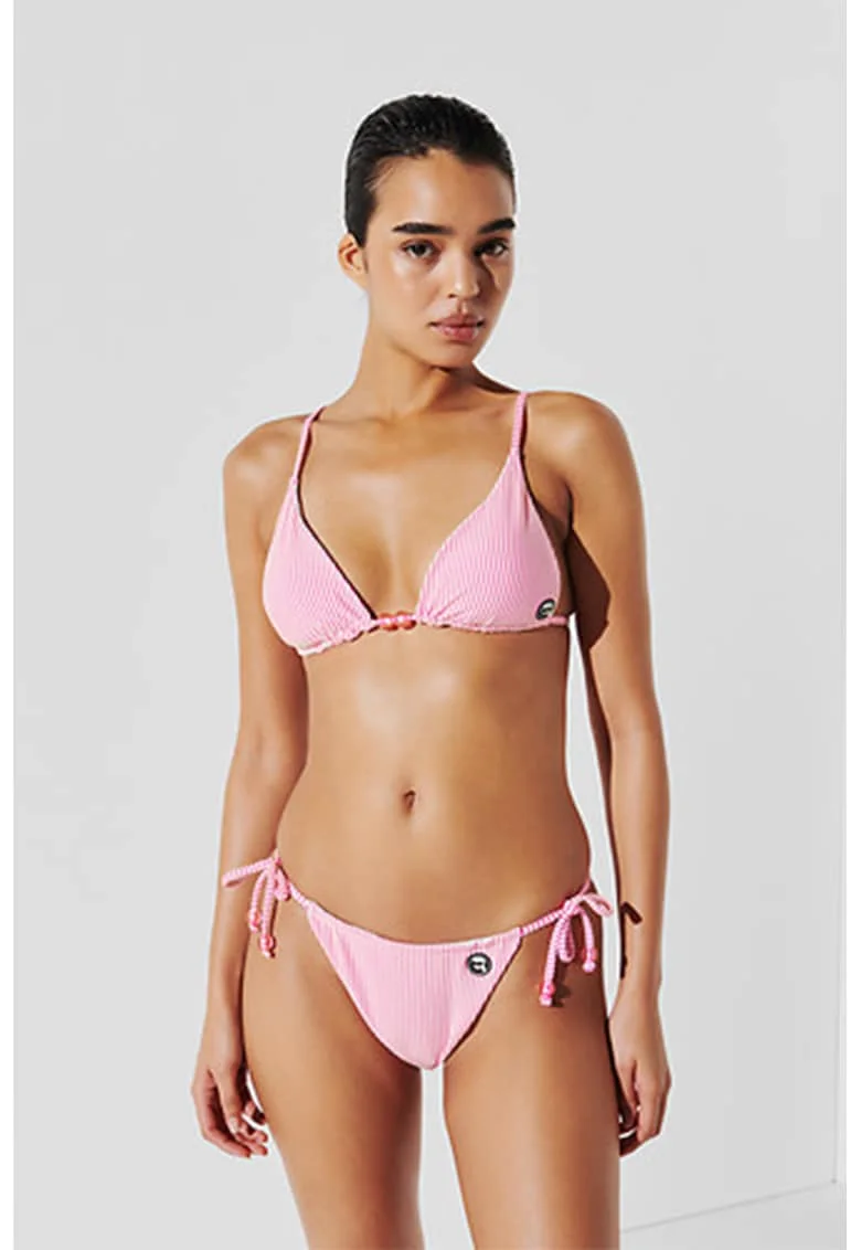 Sutien de baie cu cupe triunghiulare si model, Alb/Roz