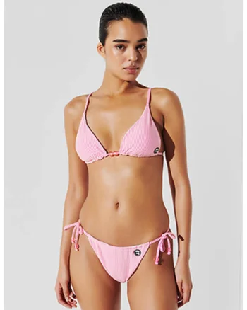 Sutien de baie cu cupe triunghiulare si model, Alb/Roz
