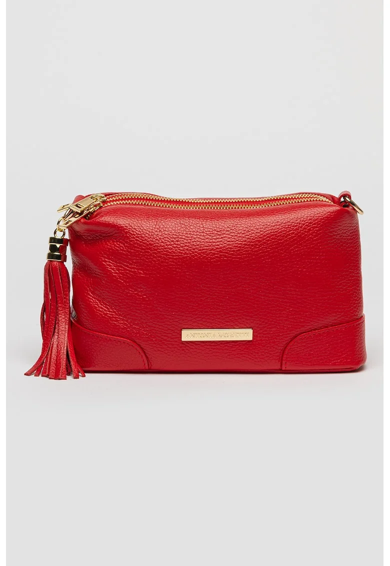 Geanta crossbody din piele cu compartimente multiple, Rosu vermillion