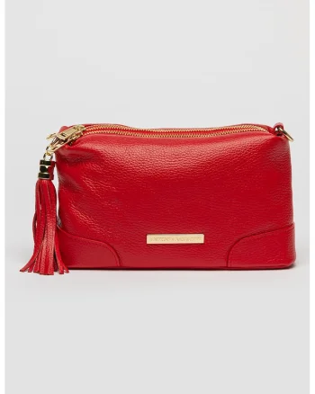 Geanta crossbody din piele cu compartimente multiple, Rosu vermillion