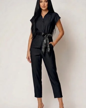 Compleu dama din vascoza format din bluza cu design deosebit si pantaloni vaporosi