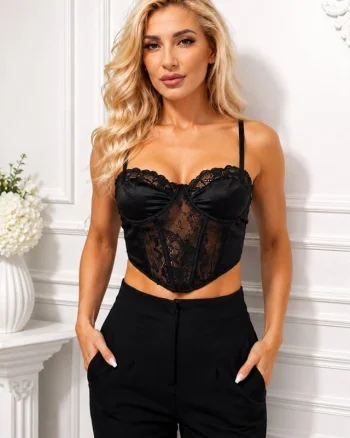 Corset satinat EUMIPA, cu dantela si croi asimetric, Negru, Marime S/M