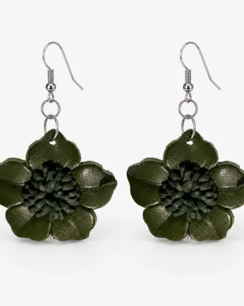Cercei dama din piele naturala cu floare tridimensionala Verde Inchis