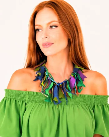 Colier handmade din piele naturala,nuante verde ,olive,mov, albastru electric