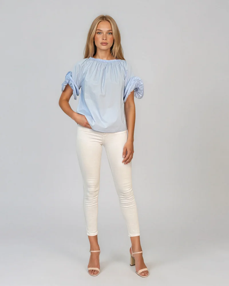 Bluză cu mânecă largă și volane bleu - Unica S-L