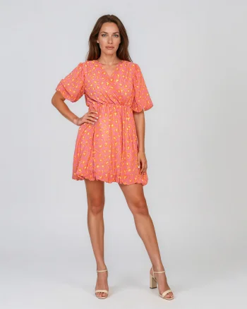 Rochie cu decolteu în V cu fustă gogosar roz - Unica S-L