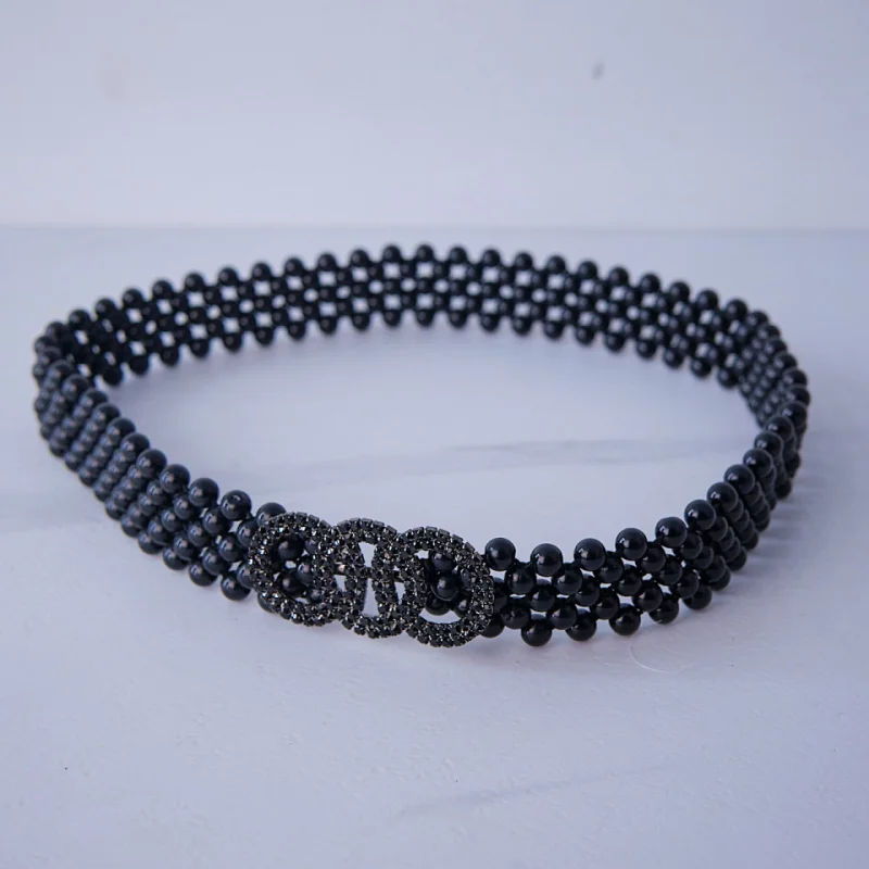 Curea elastica Pearly, catarama metalica decorativa si perle, Olimpic Negru