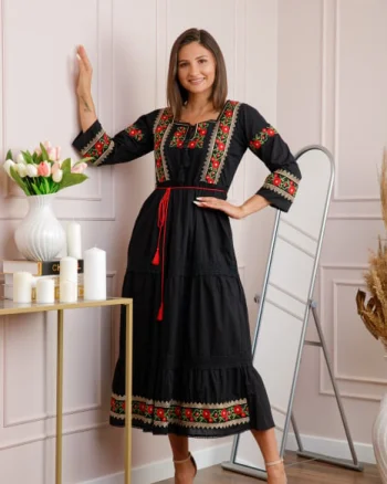 Rochie neagra cu motiv floral rosu Corina 01