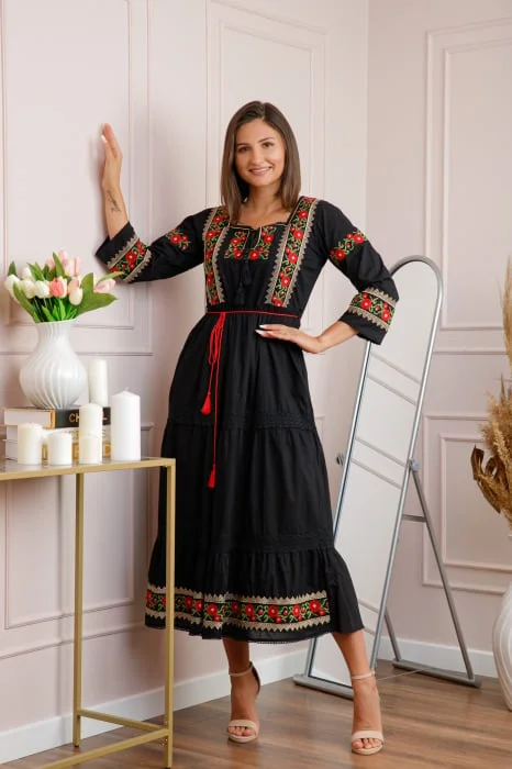 Rochie neagra cu motiv floral rosu Corina 01