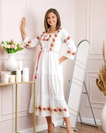 Rochie alba cu motiv floral rosu Corina 02