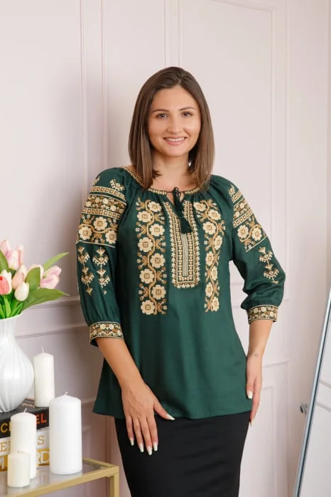 Bluza verde cu motiv floral crem Iolanda 01
