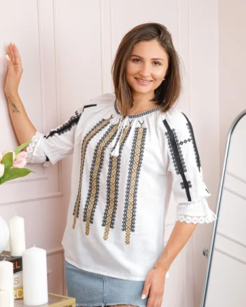 Bluza tip ie alba cu motiv geometric auriu Anita