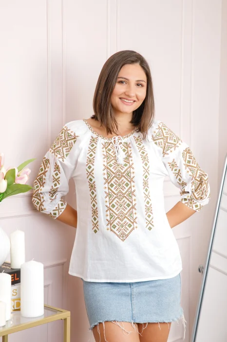 Bluza tip ie alba cu motiv geometric crem Melinda 02