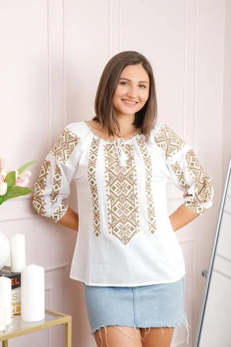 Bluza tip ie alba cu motiv geometric crem Melinda 02