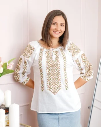 Bluza tip ie alba cu motiv geometric crem Melinda 02