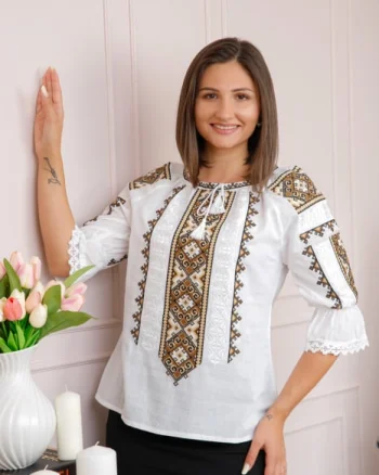 Bluza tip ie alba cu motiv geometric maro Tania 02
