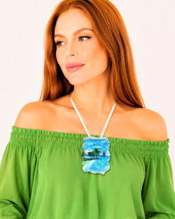 Colier handmade pictat ,din piele naturala, cu barcuta si palmieri