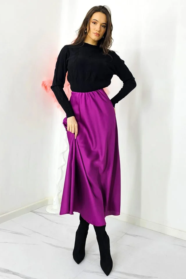 Fusta eleganta Penelope, cu textura satinata si croi lung, Mov, Marime S/M/L