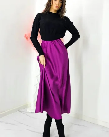 Fusta eleganta Penelope, cu textura satinata si croi lung, Mov, Marime S/M/L