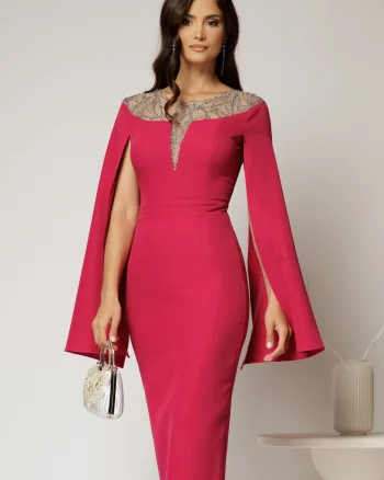 Rochie DY Fashion magenta midi cu manecile lungi crapate si aplicatii la bust