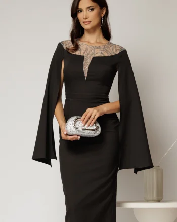 Rochie DY Fashion neagra midi cu manecile lungi crapate si aplicatii la bust