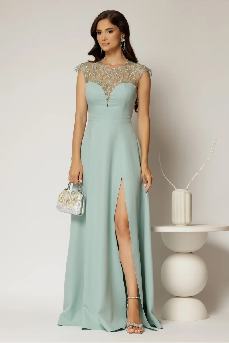 Rochie DY Fashion lunga verde mint de seara cu aplicatii la bust