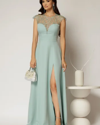 Rochie DY Fashion lunga verde mint de seara cu aplicatii la bust