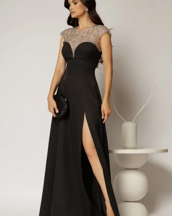 Rochie DY Fashion lunga neagra de seara cu aplicatii la bust