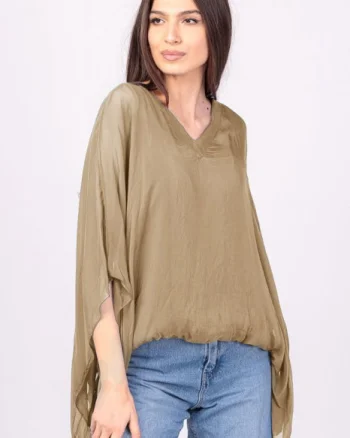 Bluza din matase si vascoza camel, cu decolteu in V in fata si pe spate