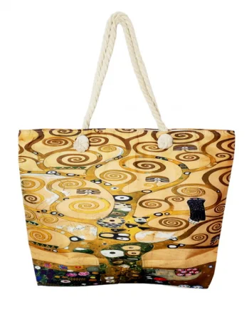 Geanta de plaja din material textil, cu reproducere dupa    Pomul Vietii    - Gustav Klimt