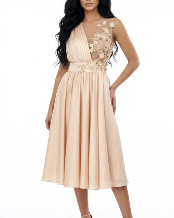 Rochie eleganta din material vaporos de culoare roz pudra