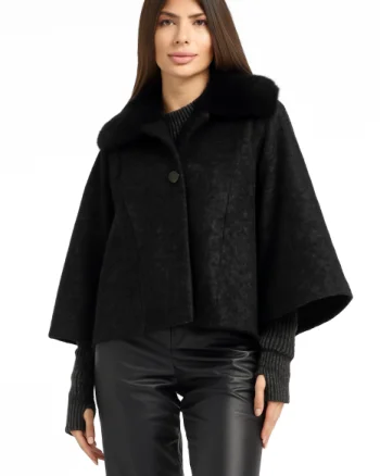 Palton scurt dama negru, cu lana, cu guler blanita ,   jacheta eleganta captusita