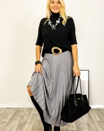 Pulover versatil cu maneci scurte ribbed si guler inalt, din vascoza, negru