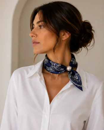 Esarfa colier satinata cu perla decorativa si inchidere magnetica, imprimeu floral alb pe fond albastru