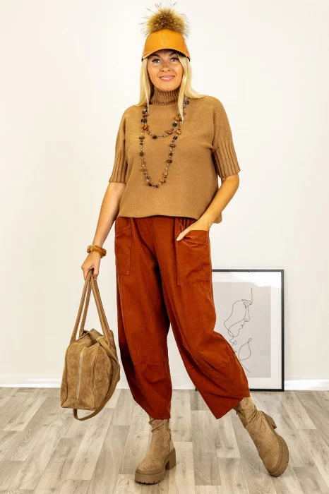 Pulover versatil cu maneci scurte ribbed si guler inalt, din vascoza, camel