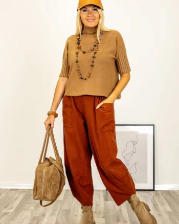 Pulover versatil cu maneci scurte ribbed si guler inalt, din vascoza, camel