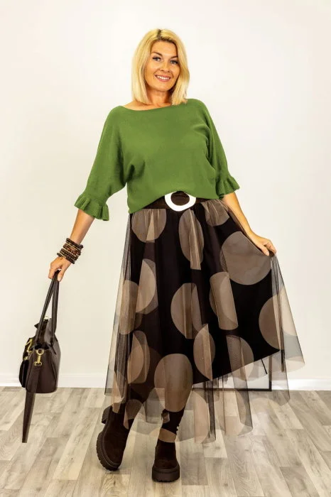 Pulover cu maneci scurte si volane la mansete din vascoza, verde olive