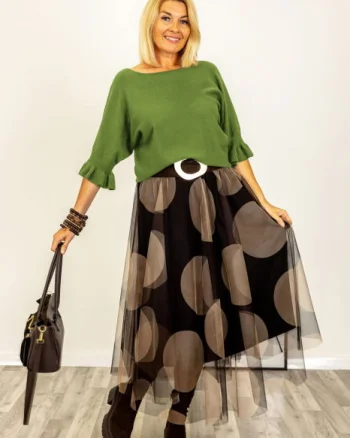 Pulover cu maneci scurte si volane la mansete din vascoza, verde olive