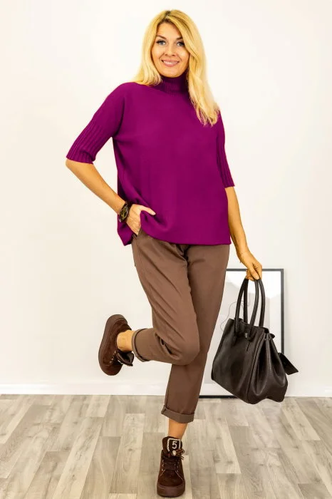 Pulover versatil cu maneci scurte ribbed si guler inalt, din vascoza, magenta