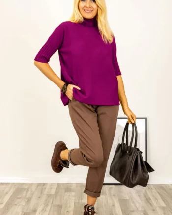 Pulover versatil cu maneci scurte ribbed si guler inalt, din vascoza, magenta